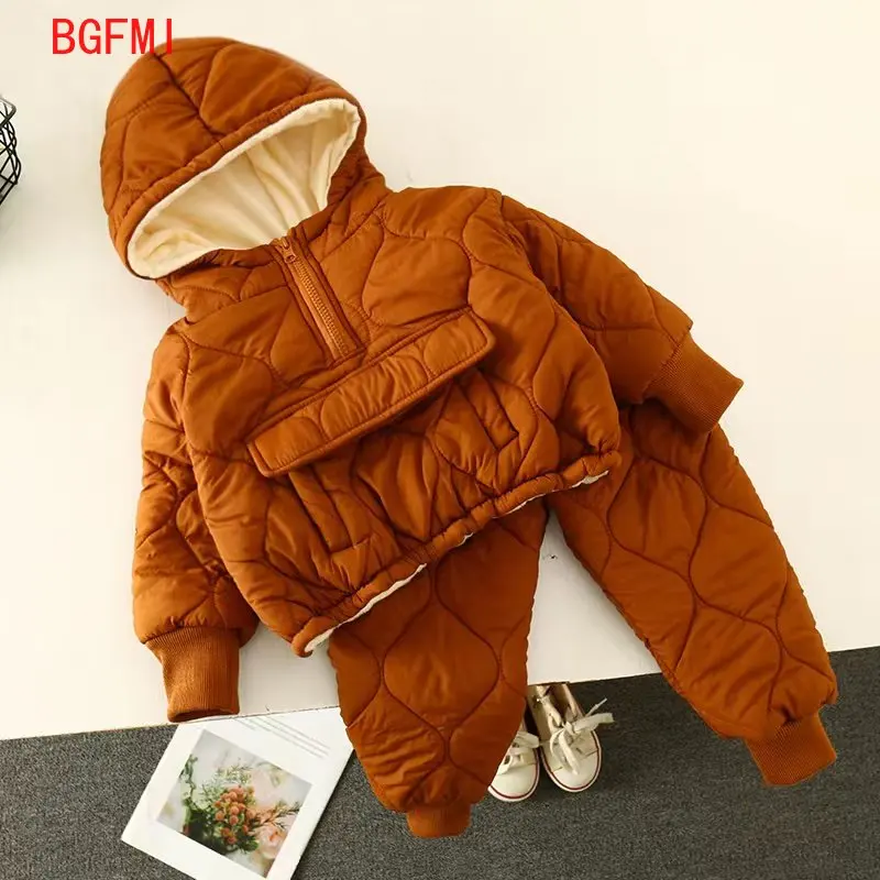 

Baby Girls Fashion Hooded Lining Wool Clothes Children Boys Jacket +Pants 2Pcs/Set Winter Toddler Casual Infant Kids Tracksuits