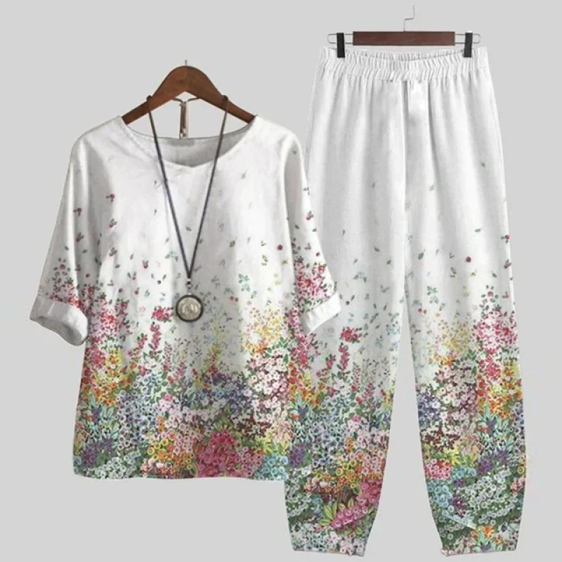 

Thin New Elegant Summer Casual Two Piece Set Women O Neck Flower Print Loose T Shirt High Waist Loose Pants Suit Female Outfits