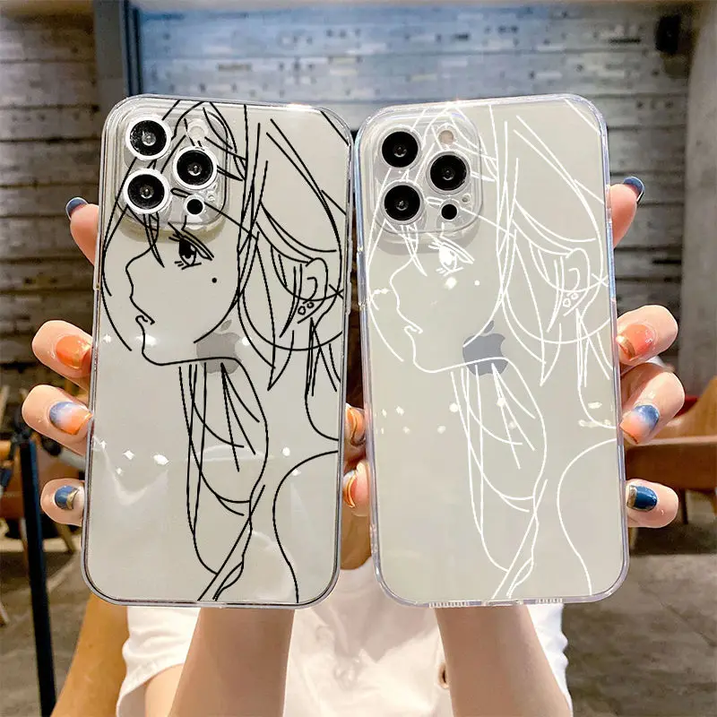 

Cute Anime Girl Face Phone Case For iPhone 11 12 13 Pro Max XS Max XR 7 8 Plus Soft 14 Pro Max Abstract Art Line line girl cover