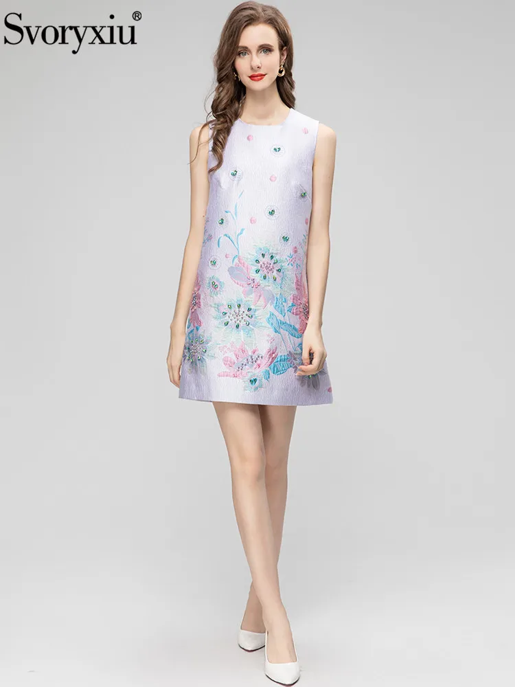 

Женское жаккардовое мини-платье Svoryxiu, разноцветное элегантное короткое платье без рукавов с цветочным рисунком и стразами на лето 2019