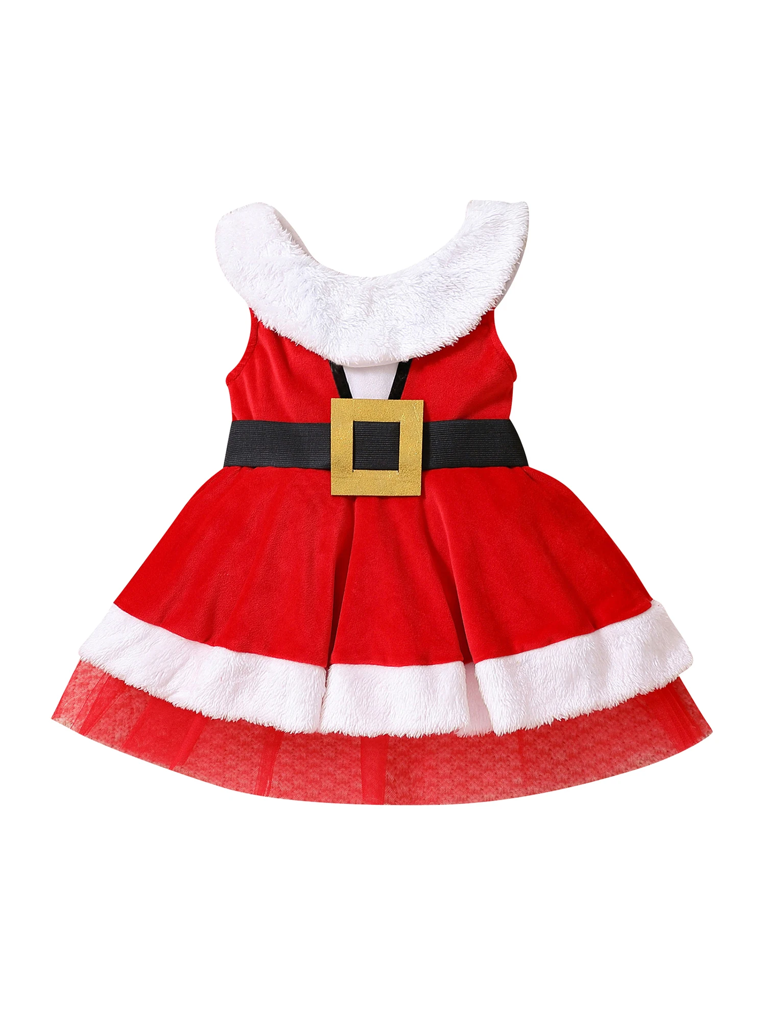

Рождественское платье для маленьких девочек, красная Лоскутная юбка без рукавов с круглым вырезом и оборками на талии с белым меховым подол...
