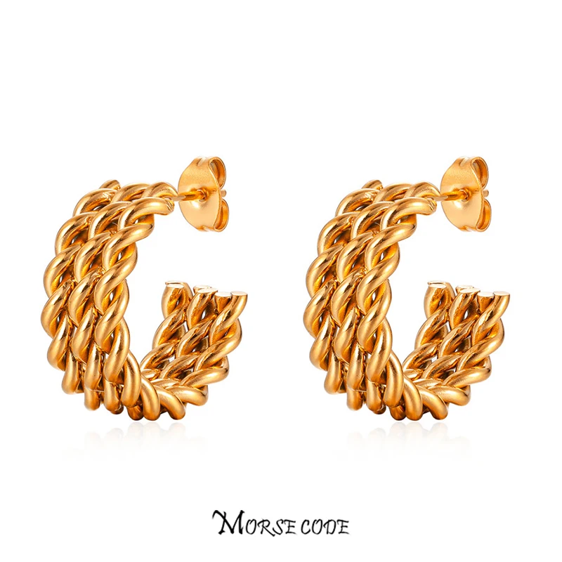 

MORSE CODE Stainless Steel Charm Metal Twist Unusual Ear Piercing Stud Earrings Women 18 K Texture Gold Plated Fashion Jewelry