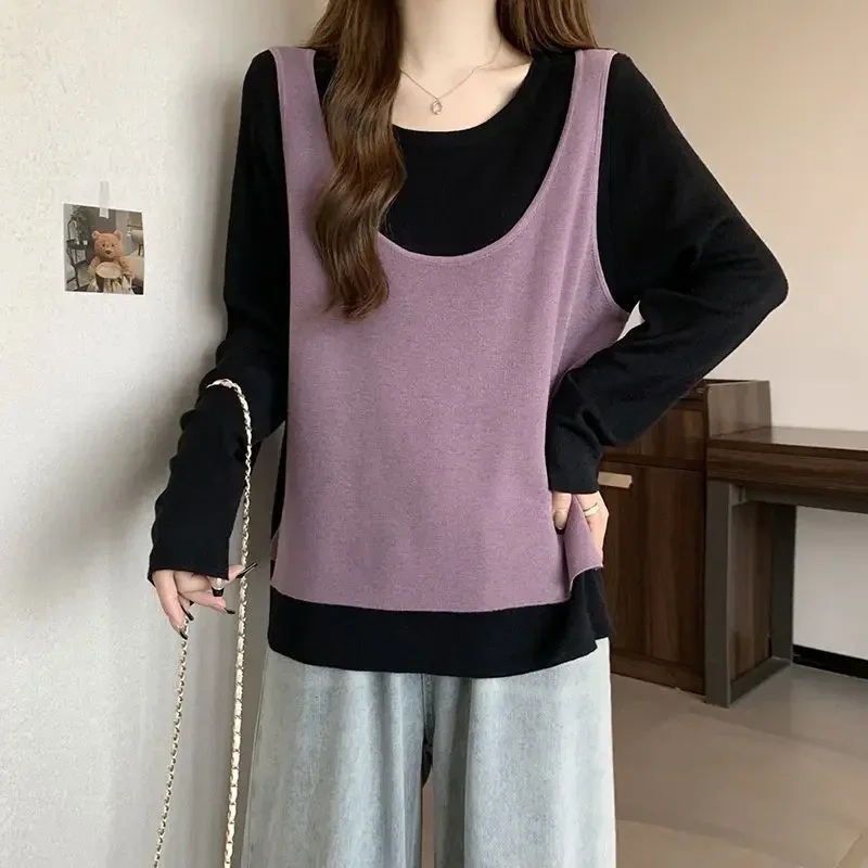 Весенне-осенние повседневные контрастные лоскутные футболки с длинным рукавом и
