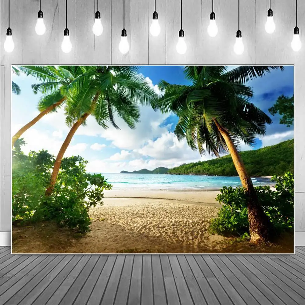 

Tropical Sea Beach Photography Backgrounds Cloudy Palm Trees Shrub Sands Bay Summer Holiday Party Decoration Photo Backdrops