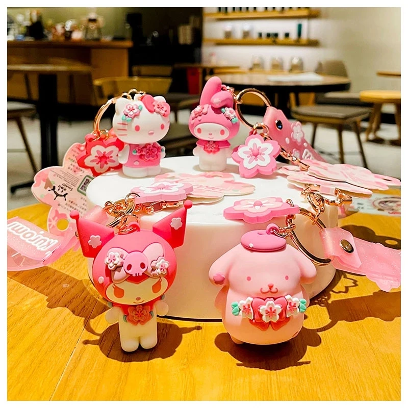 

Kawaii Sanrioed Kitty Kuromi My Melody Pom Pom Purin Cherry Blossom Series Pendant Car Keychain Gifts for Girls Toys for Girls