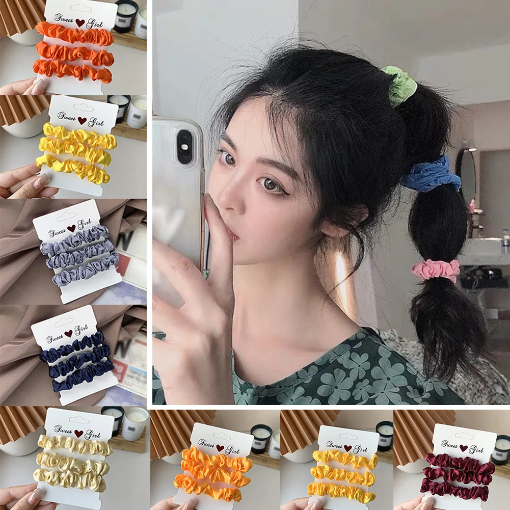 

3Pcs Silk Scrunchies Solid Color Scrunchie Set Elastic Hair Bands Solid Color Fashion Headwear Women Hair Accessories Gift