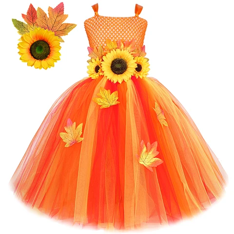 Длинное осеннее сказочное платье для девочек с Кленовым листом подсолнухом Осенние костюмы для детей праздничные наряды бальное платье