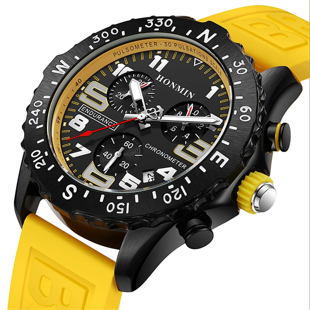 

Luxury Band Endurance Chronograph Quartz Black Dial Multifunctional Fashion Business Sports Calendar Silicone Strap Men Watch