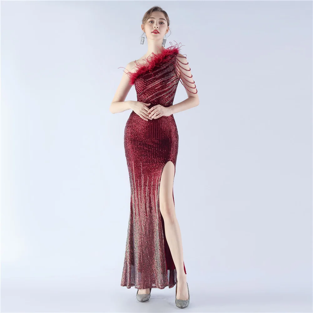 

Luxury Elegant 2023 Evening Special Ocassion Party Wedding Guest Long Dress Split Sequin Glitter Formal with A Bling and Feather