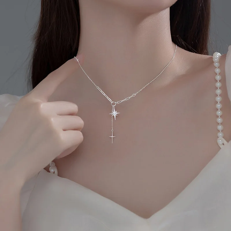 

Fashion Shiny Six-Pointed Star Necklace 925 Sterling Silver Clavicle Chain Elegance Temperament Pendant Necklace jewelry Gift