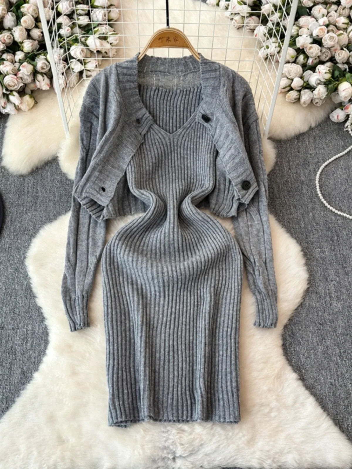 Элегантное вязаное платье женский комплект из 2 предметов шикарный укороченный