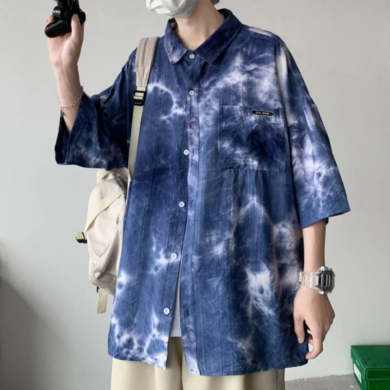 

Summer Casual Men's Tie Dyed Shirts Luxury Short Sleeve Blouses Large Size Trendy Style Vintage Fashion Male Cardigan