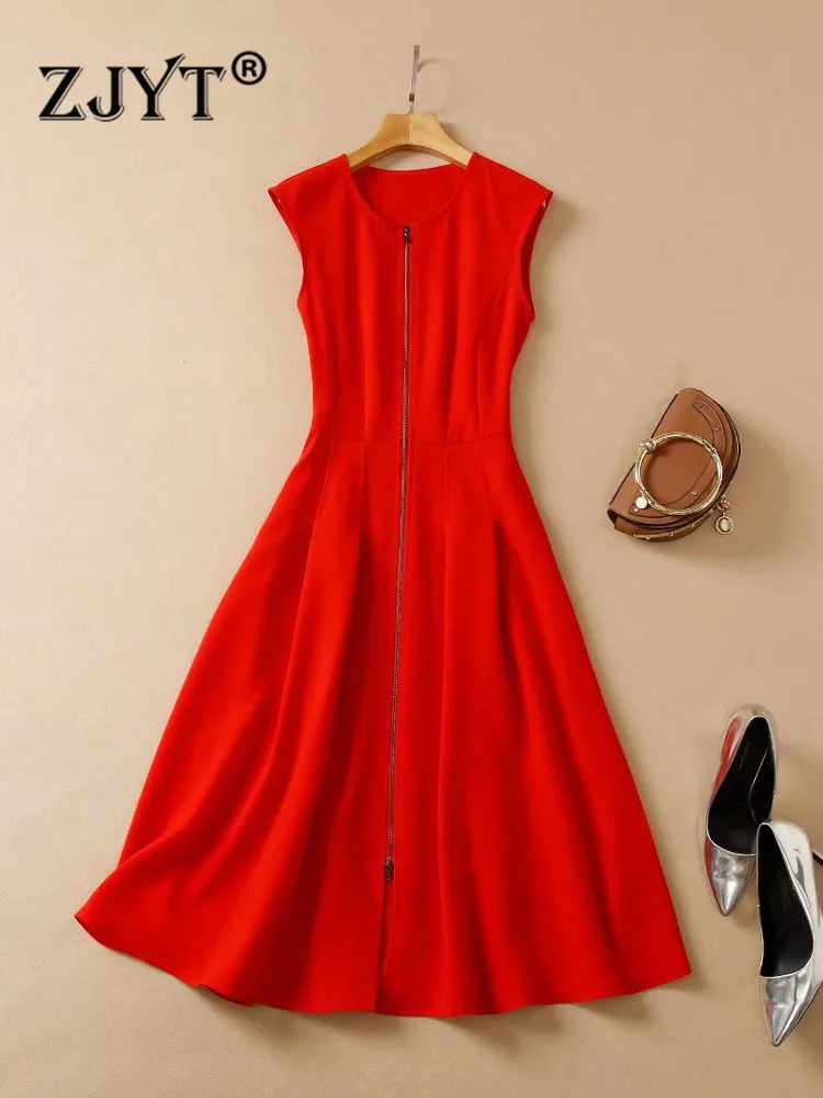 ZJYT Runway Fashion Summer Sleeveless Red Party Dresses for Women Elegant Front Zipper Aline Midi Vestidos Casual Solid Robes