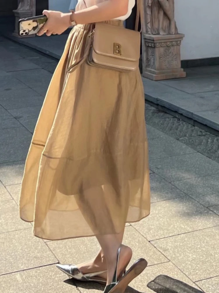 

Spring/Summer New French Paris Style Mesh High Waist Thin A-line Half-body Skirt Casual Fasion Women Dress Folds