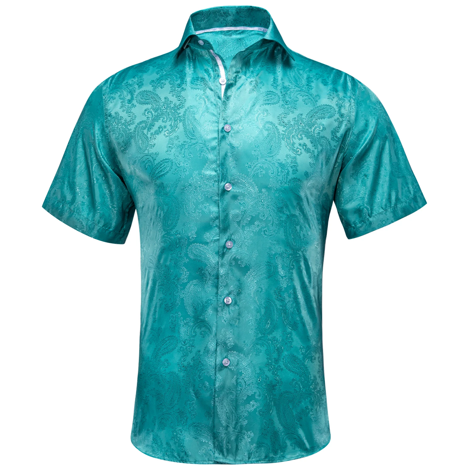 Hi-Tie Brand New Short Sleeve Mens Silk Shirts Jacquard Slim Shirt For Men Summer Luxury Casual Wedding Soft Comfortable Lapel