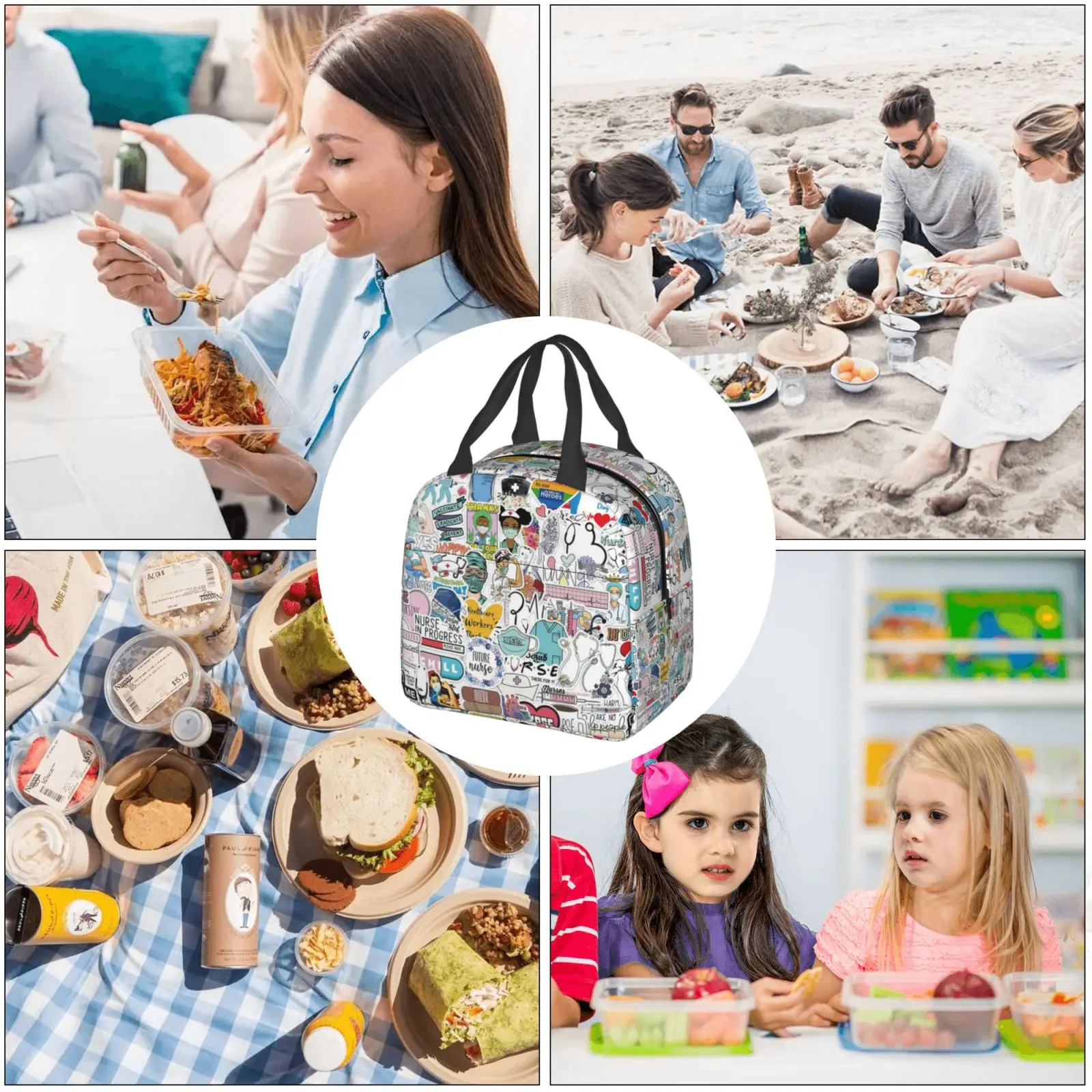 Doctors Nursing Nurse Insulated Lunch Bags Women Nurse Print Food Case Cooler Warm Bento Box for Kids Cute Lunch Box for School images - 6