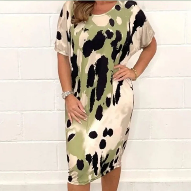 

Женское платье с круглым вырезом, леопардовым принтом и рукавом летучая мышь