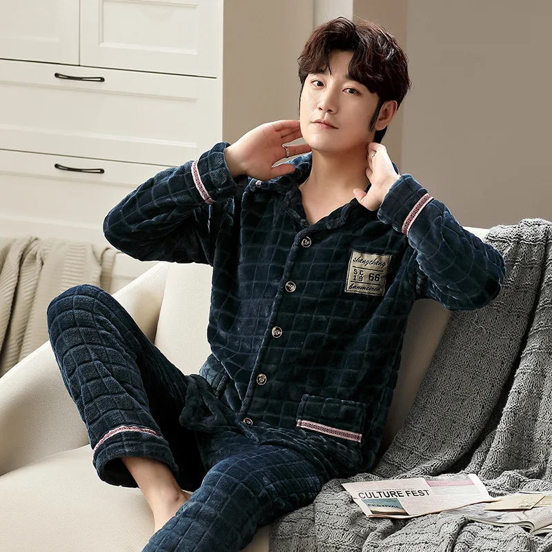 Autumn And Winter Men's Pajamas Set Thickened Coral Fleece Cardigan Home Clothes Warm Flannel Pajamas Set