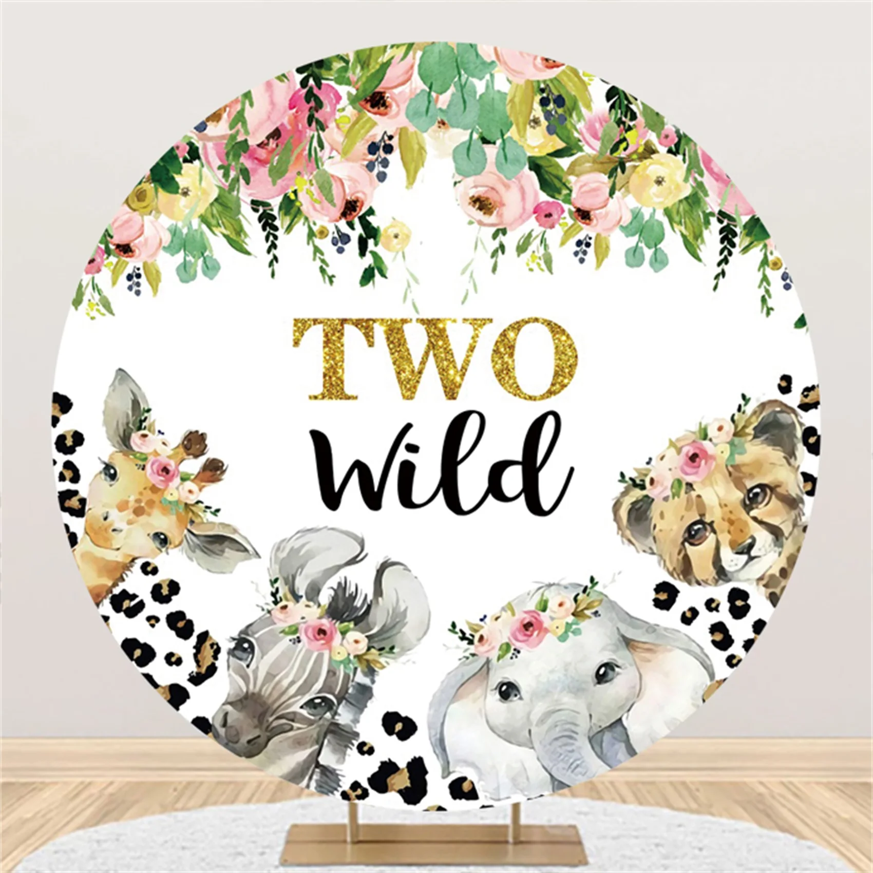 Laeacco Safari Party Two Wild Round Backdrop Cute Wild Animal Watercolor Flower Kids Portrait Customized Photography Background