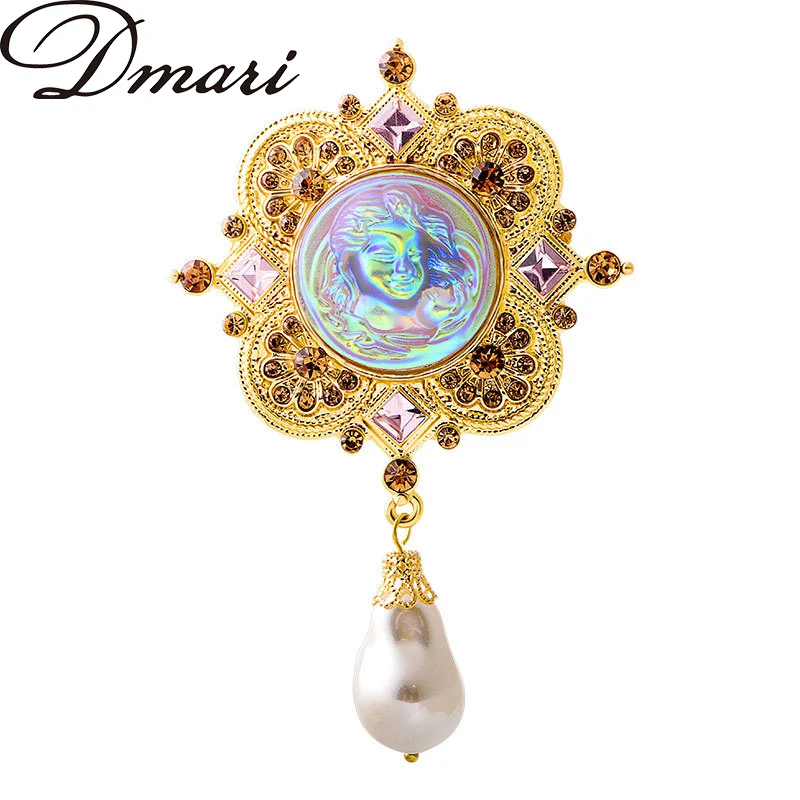 

Dmari Luxury Jewelry Vintage Style Badge Enamel Pin Big Rhinestone Pearled Lapel Pins Delicate Women Brooch For Women Clothing