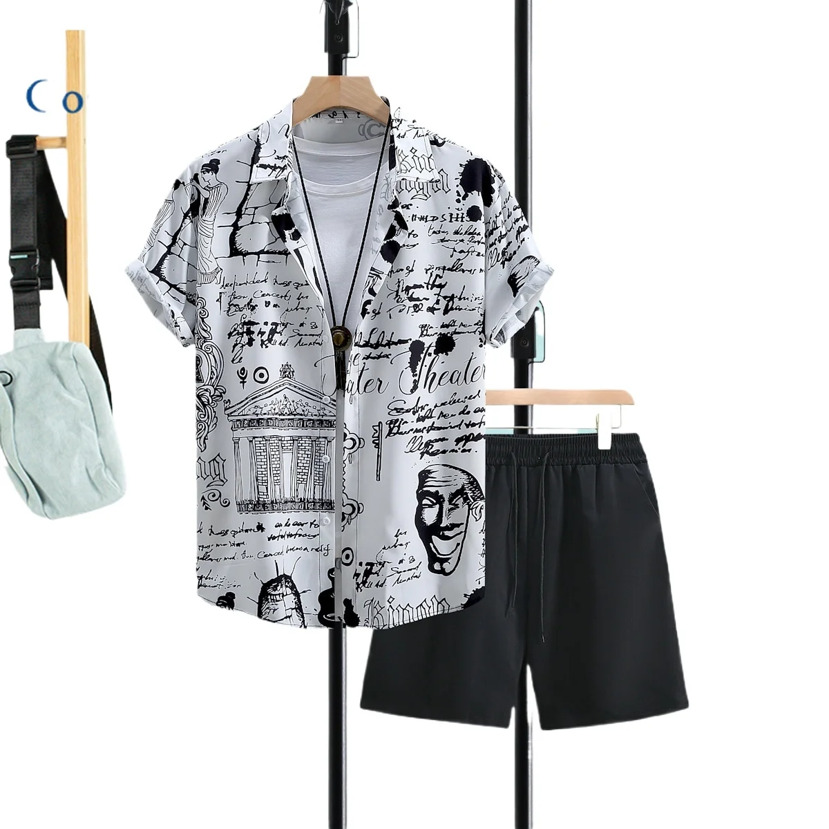 Костюм мужской с графическим принтом белая рубашка коротким рукавом на