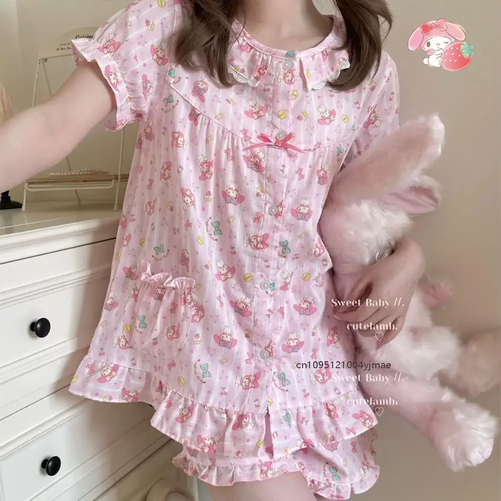 Фото 2 шт. Sanrio My Melody, милый розовый сладкий пижамный костюм Y2K Kt Cat, домашняя одежда, женская верхняя рубашка с короткими рукавами, шорты, летняя одежда для сна №1
