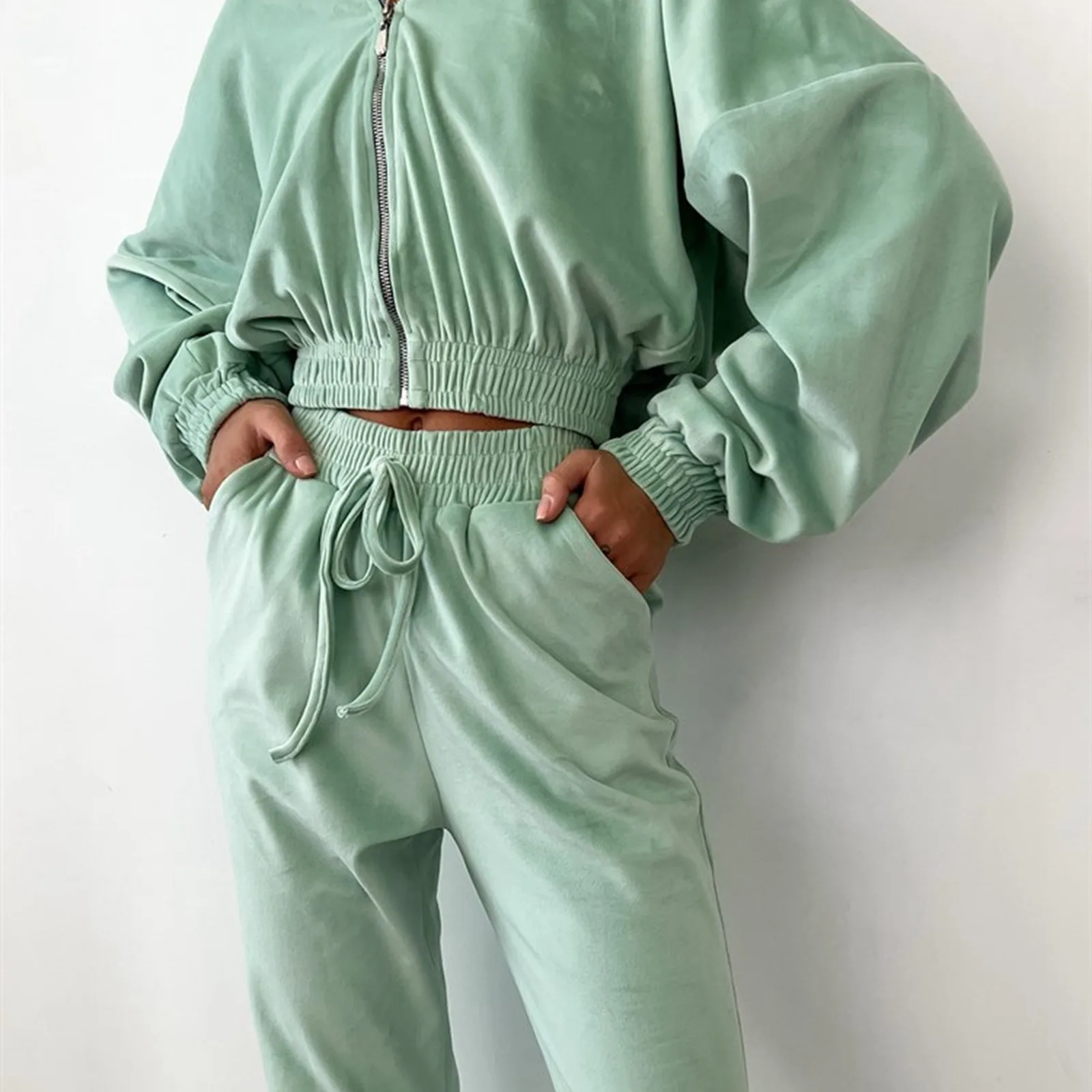 Женские комплекты с толстовкой на молнии и свободными леггинсами зимний осенний