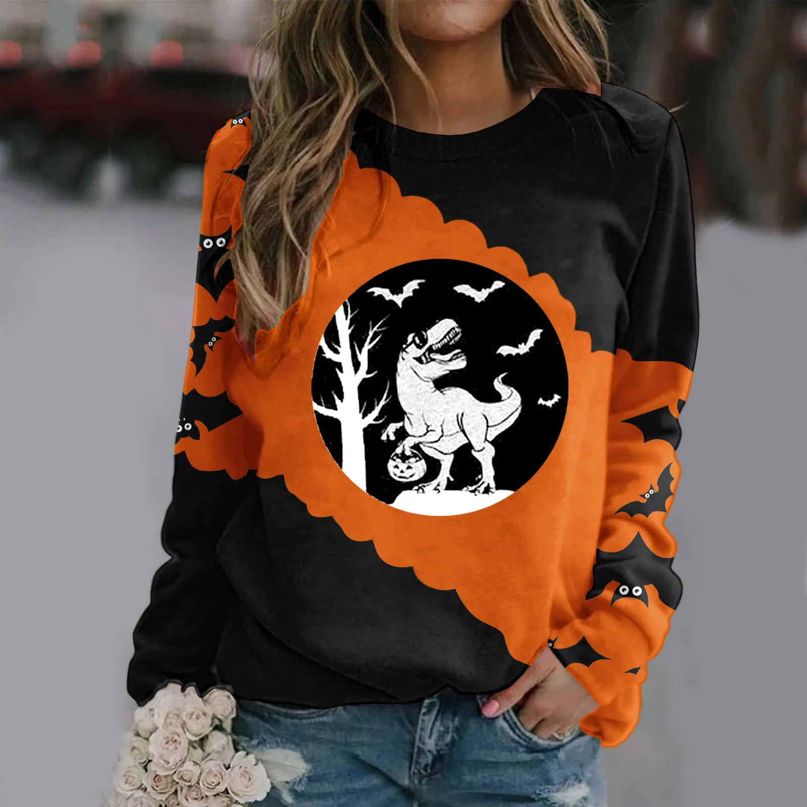 

Soft Fleece Hoodie Loose Sweatshirt For Womens Halloween Print O Neck Casual Sweatshirt Round Neck Fit Pullover Tops Cute Baggy