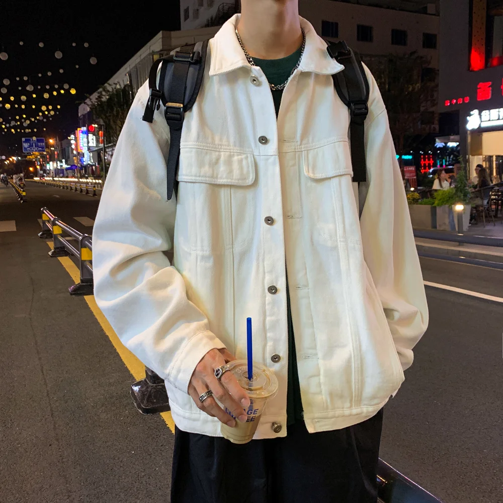 

Men's White Denim Jacket, High Quality, Japanese Fashion, Street Clothing, Oversized Youth Clothing, Denim Coat, Large