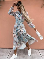 spring new casual chic printed womens a line skirt v neck long sleeve chiffon lace up waist swing fashion beach party dress