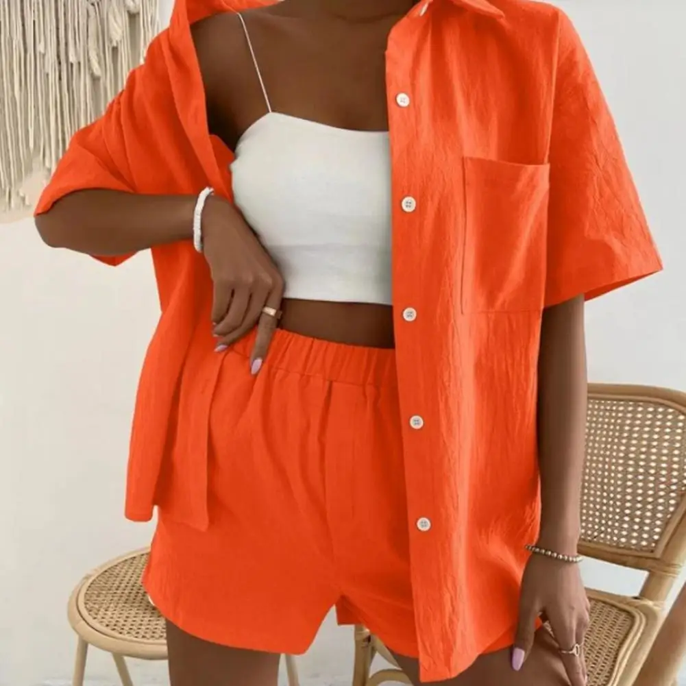 

Summer Women Short Sleeve Lapel Cardigan Tops Elastic Waist Pocket Shorts Set Solid Loose Women Suit ensemble femme 2 pièces