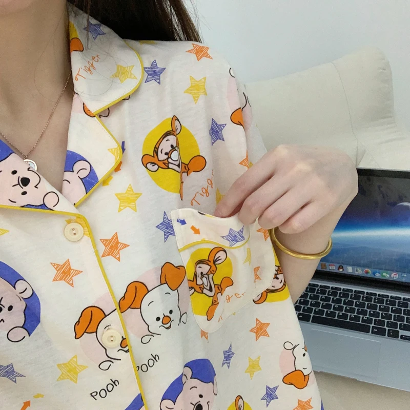 Cute Pajamas Set for Women Bear Tiger Printed Sleep Clothes Anime Pyjama Girls Japan Cozy Homesuit Leisure Mujer Short Sleeved