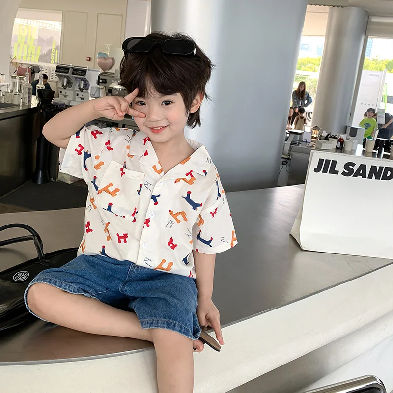 

2023 Summer Children's casual shirt Boy's handsome cartoon short sleeve Tops