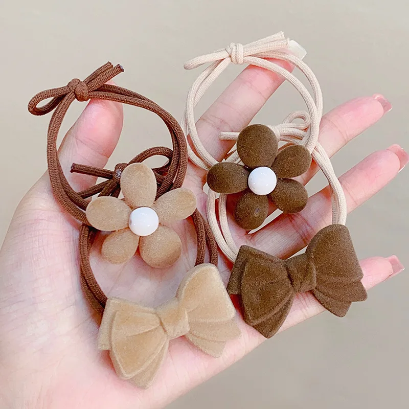 

UXSL Winter Coffee Color Flocking Flowers Hair Bands Womens Girls Ponytail Holder Hair Tie Elastic Rubber Bands Hair Accessories