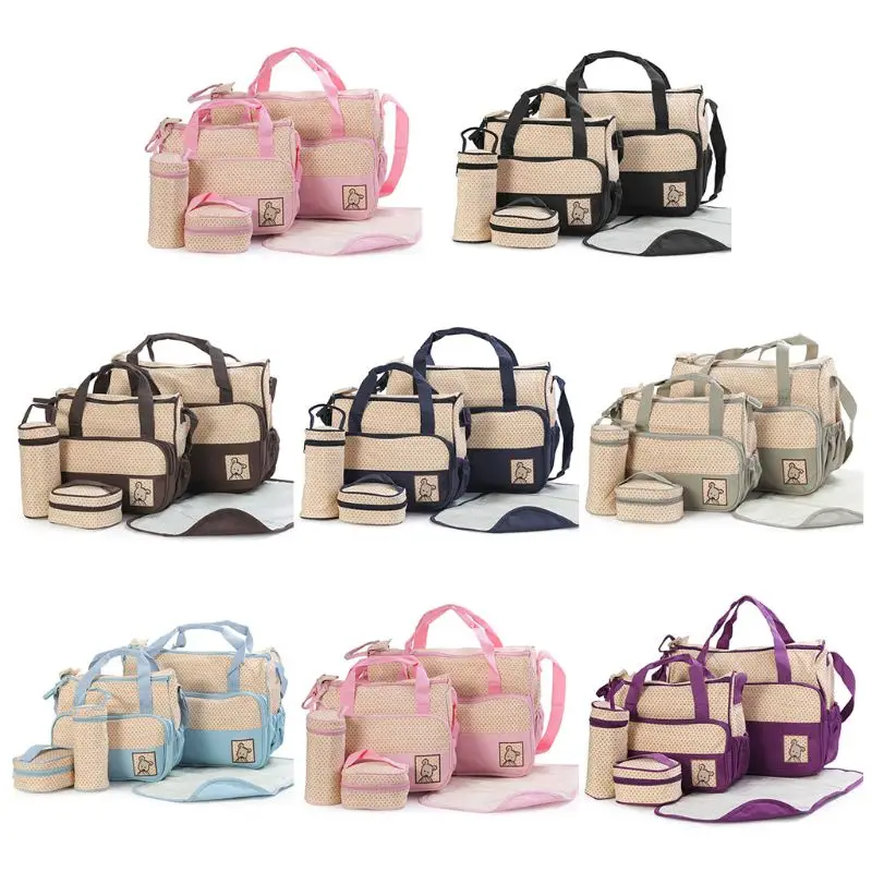 

5 Pcs Multifunctional Set Baby Changing Diaper Bag Maternity Mummy Handbag Bottle Holder Portable Nappy Basket Storage A2UB