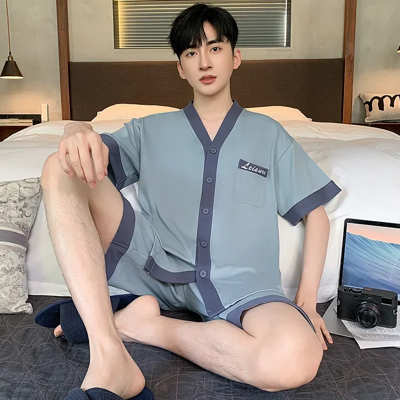 Летние мужские пижамы комплект из 2 предметов тонкий хлопковый с короткими