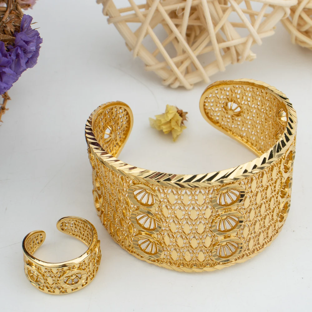 

Dubai Chain Cuff Bangle With Ring For Women Moroccan Plated Bracelet Jewelry Nigerian Wedding Party Gift Indian Bracelet
