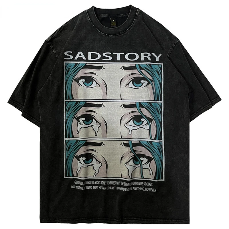 

Summer Men Washed Oversize Tshirts Hip Hop Cartoon Girl Eyes Graphic Punk Gothic T Shirts Streetwear Harajuku Casual Cotton Tees