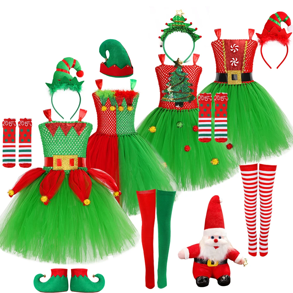 Kids Christmas Tutu Dress for Girl Green Costume Mesh Fluffy Vestidos Xmas Performance Children Clothing New Year Party Outfits