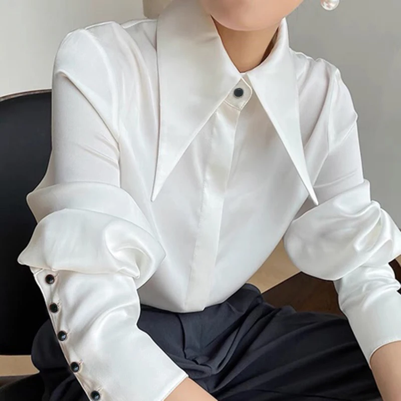 

Office Silk Shirt Women Vintage Women Satin Blouse Elegant Button Fashion New Chic Collar Casual White Shirts Tops Blusas 16946