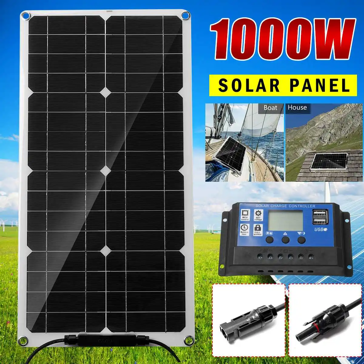 

1000W 12V Solar Panel Kit USB Charging Solar Cell Board for Phone RV Car MP3 PADWaterproof Outdoor Battery Supply 30A Controller