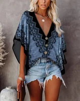 2022 summer womens tees tribal print batwing sleeve button front top v neck new fashion t shirt female clothe ladies outfits