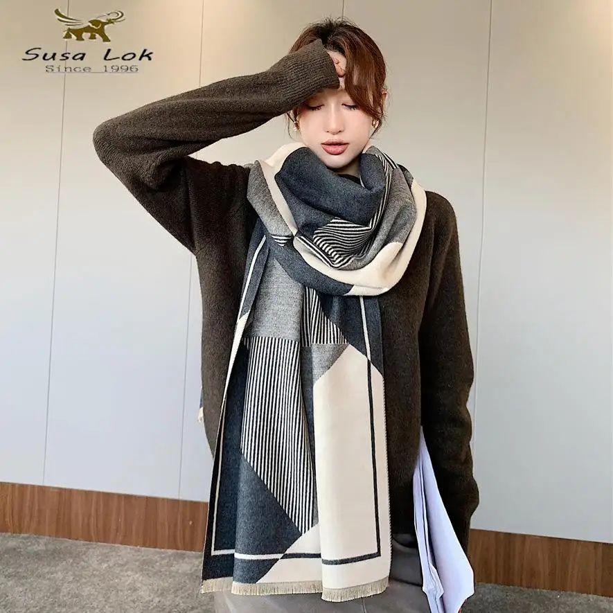 

Роскошный брендовый зимний шарф 2022, женские кашемировые теплые шарфы из пашмины, женские полосатые шарфы, женское толстое одеяло, мягкие ша...