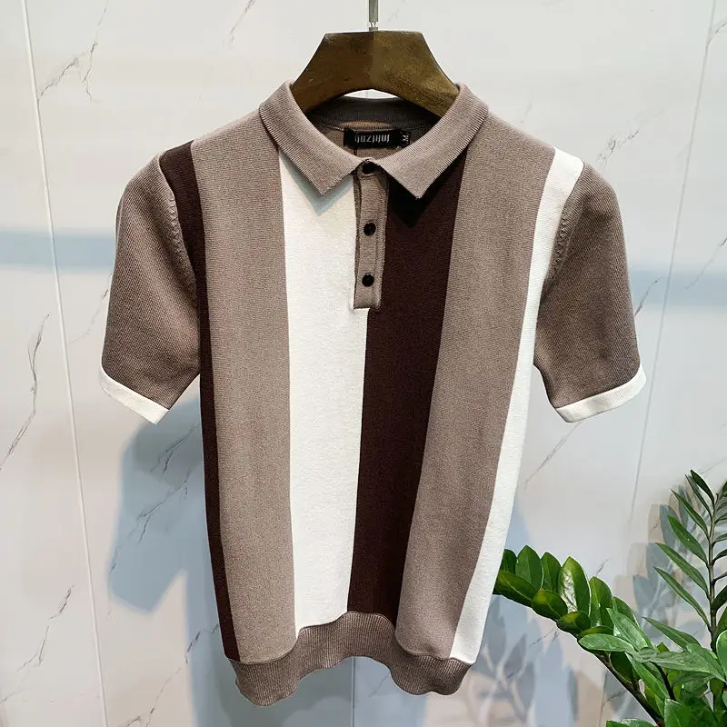 

Men Summer 2022 New Short Sleeve Knitted Tees Men Striped Polo Shirts Male Slim Fit Turn Down Collar Breathable Polo Homme A42