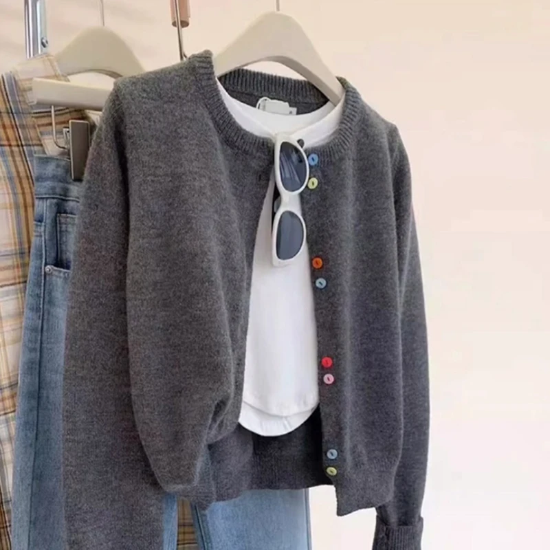 Кардиган женский из 100% шерсти, мягкий, элегантный, вязаный, с круглым воротником, простой дизайн, универсальный, на пуговицах, в стиле колор-блок (art.: 3920d87c19cac) - 3920d87c19cac