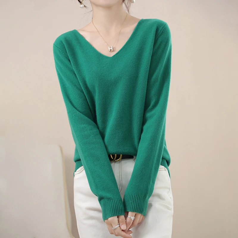

Autumn And Winter Cashmere Sweater V-Neck Pullover Women's Solid Color Casual Long-sleeved Cashmere Pullover Sweaters