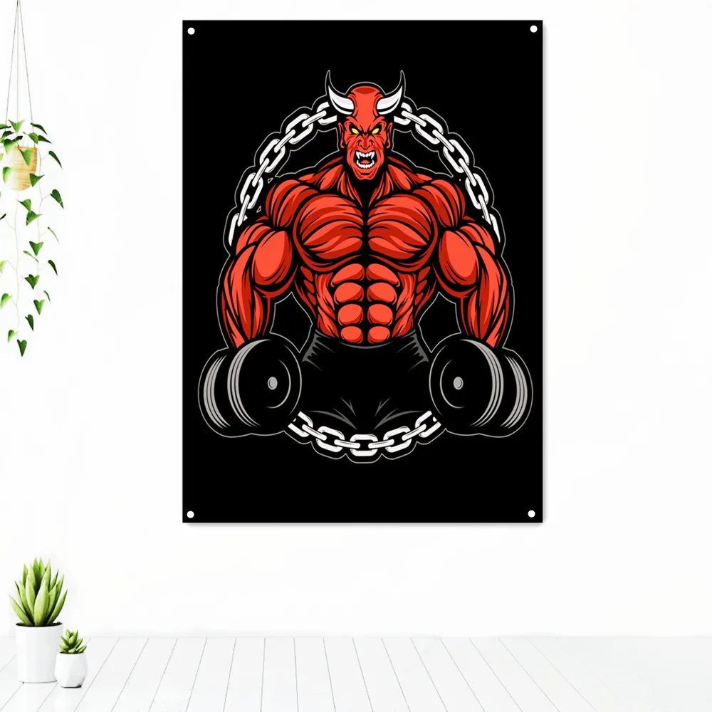

Gym Angry Devil Bull Fitness Workout Tapestry Wall Hanging Painting Exercise Motivational Poster Wall Art Banner Flag Gym Decor