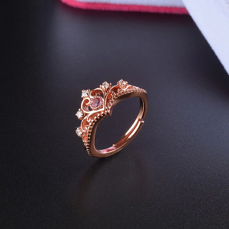 

Sterling Silver Crown Ring Japanese and Korean version of the simple open-mouth ring diamond-encrusted zircon ring female