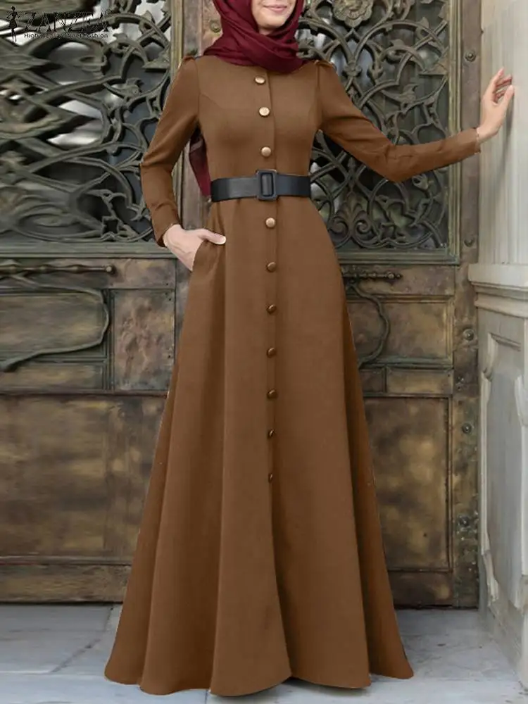 Vestidos de Férias Vestido de Verão Zanzea Muçulmano Primavera Sólido Vestido Feminino Elegante Casual Solto Kleid Islâmico Abayas O-pescoço Longo Mangas Compridas