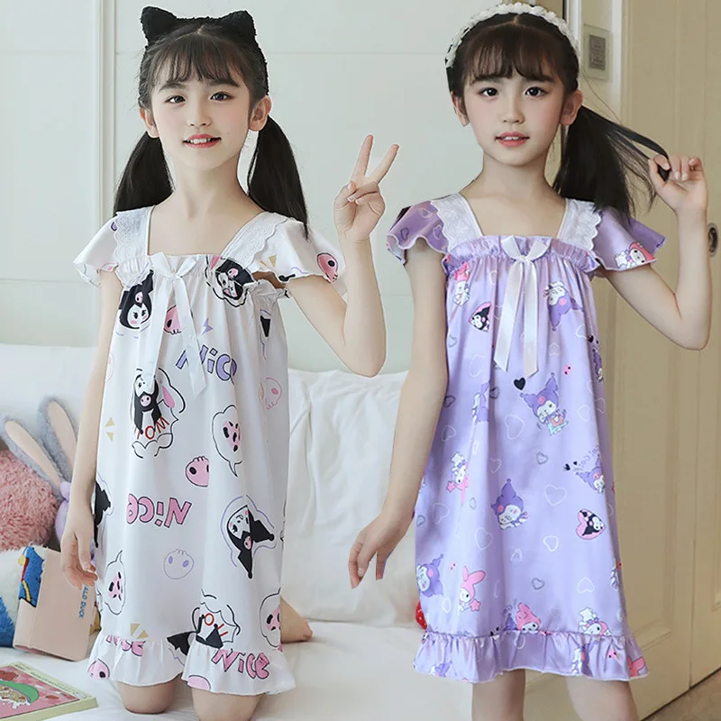 

New Anime Kawaii Sanrio Kuromi Nightdress Children Cinnamoroll Summer Cartoon Cute Sweet Ice Silk Home Clothes Pajamas Girl Gift